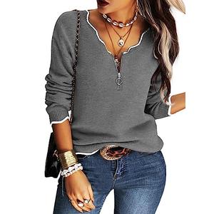 Hongqizo Women's V Neck Long Sleeve Sweater Half Zipper Knit Sweater Casual Cricket Stripe Jumper Pullover Knit Tops, Grey, L