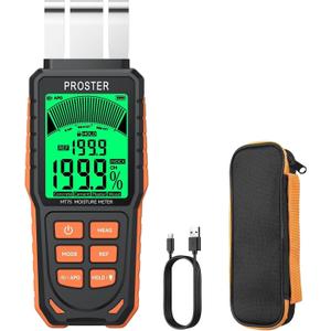 Proster Rechargeable Moisture Meter - Wall Moisture Meter with 5 Modes (Index, Concrete, Cement, Plaster, Wood) & 3-Colour Screen, Pinless Damp Tester with Visual & Sound Alerts Detects up to 40mm