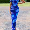 PRETTYGARDEN Cocktail Dresses for Women 2026 Summer Floral Off Shoulder Ruched Mesh Elegant Wedding Guest Maxi Dress (Blue)