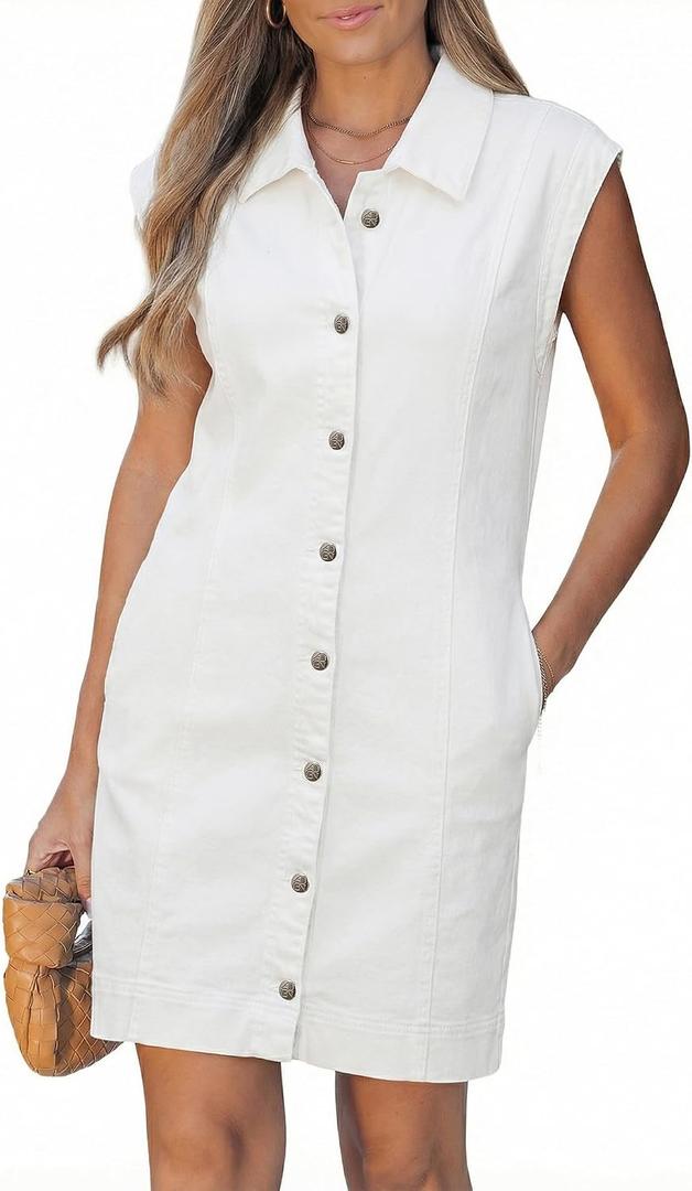 GRAPENT Denim Dress for Women Stretchy Cap Sleeve Button Down Casual Collared Above Knee Short Jean Dresses with Pockets, Small