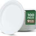 9 Inch Paper Plates 100 Pack - 100% Compostable Dinnerware | Leak & Grease Resistant Disposable Plates for Parties, Microwavable, Bulk Eco-Friendly - White