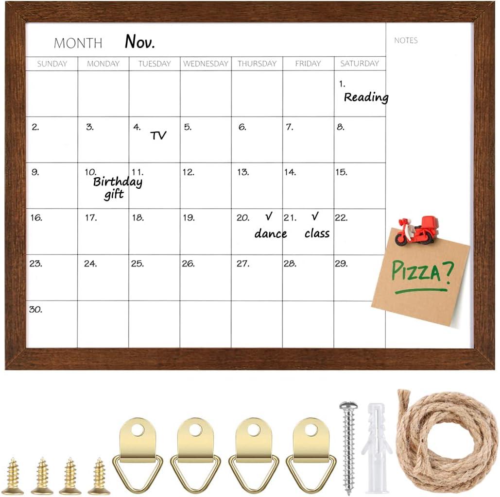 TORASO Dry Erase Monthly Calendar Board, Solid Wood Frame Magnetic Whiteboard for Wall, Office/School/Home, Walnut Brown Frame Hanging Board 12"x 16"(YL-WB-3040-A)