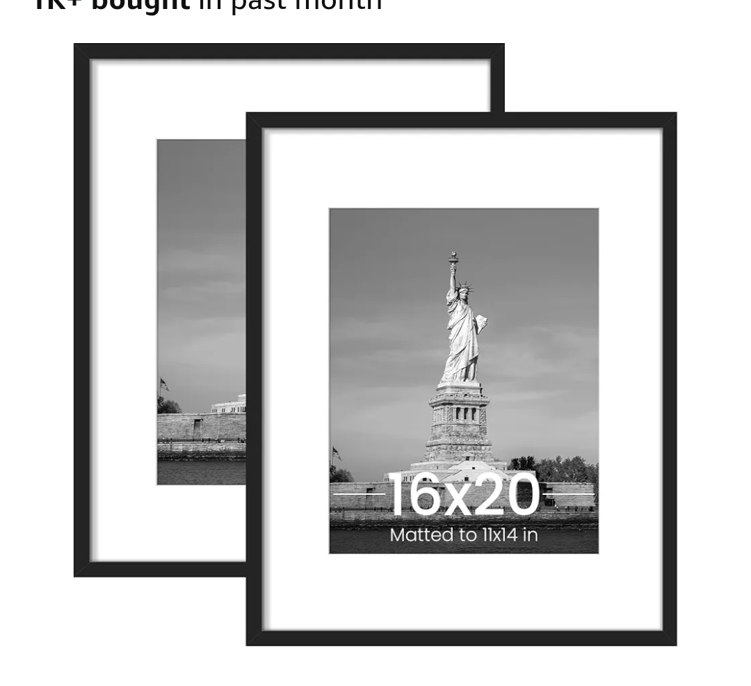 ENJOYBASICS 16x20 Picture Frame, Display Poster 11x14 with Mat or 16 x 20 Without Mat, Wall Gallery Photo Frames, Black, 2 PackAmazon's Choice