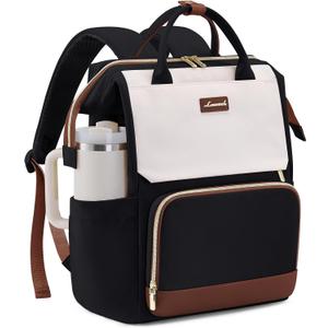 LOVEVOOK Laptop Backpack for Women with Giant Tumbler Holder Pocket, 15.6 inch Travel Work Backpack Purse for Nurse Teacher, Waterproof School Bag College Bookbag Cute Casual Daypack for Girls (Black White Brown)