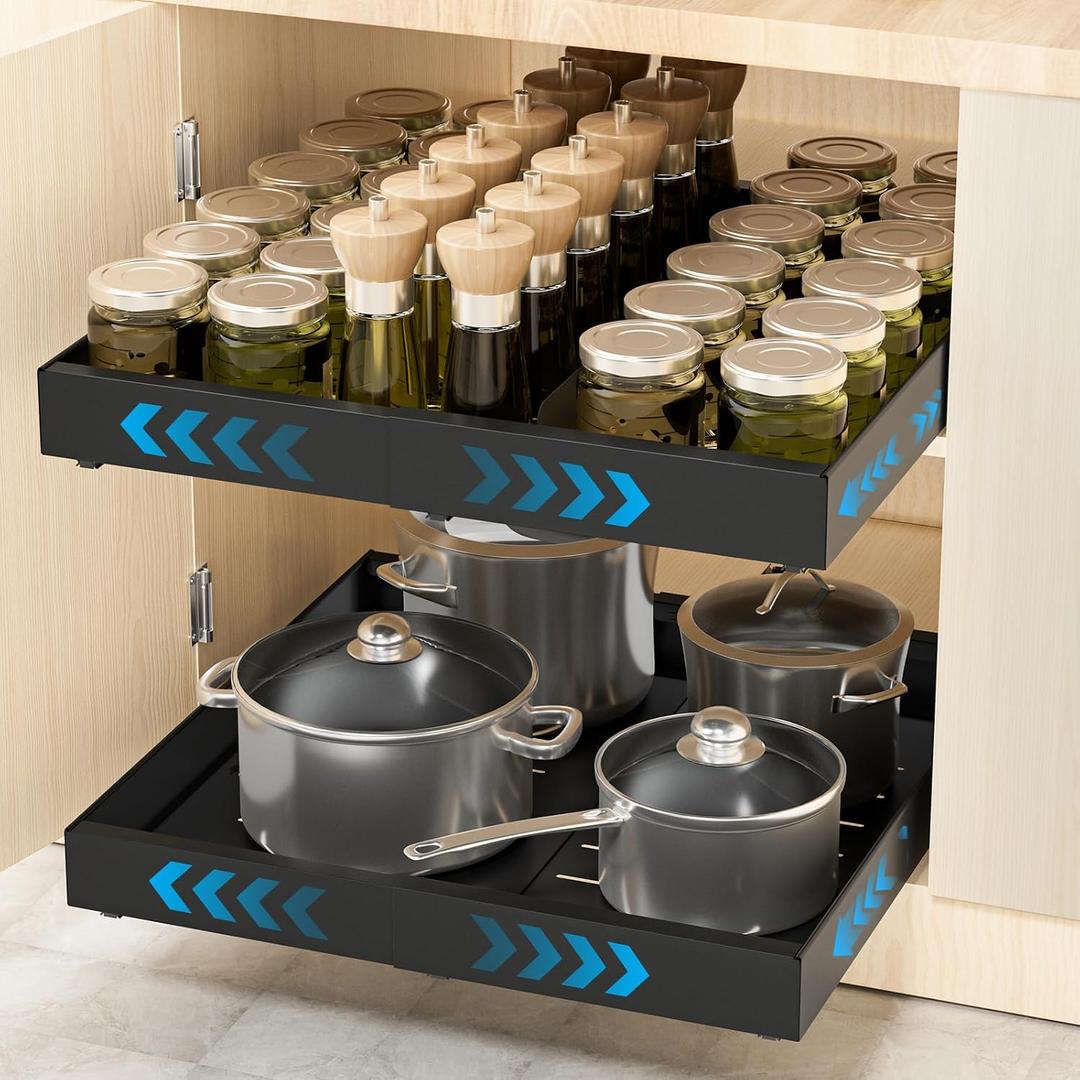 2 Pack Pull Out Cabinet Organizer Expandable Width(12.2"-20.47") & 21"Deep, Insputer No Drill Adhesive Slide Out Drawers with Upgrade 3 Slide Rails, Magnetic Panel, Roll Out Shelf for Kitchen, Pantry