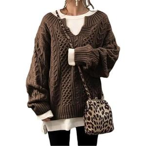 chouyatou Women's Winter Chunky V Neck Long Sleeve Loose Cable Knit Sweater Pullover, S, Brown