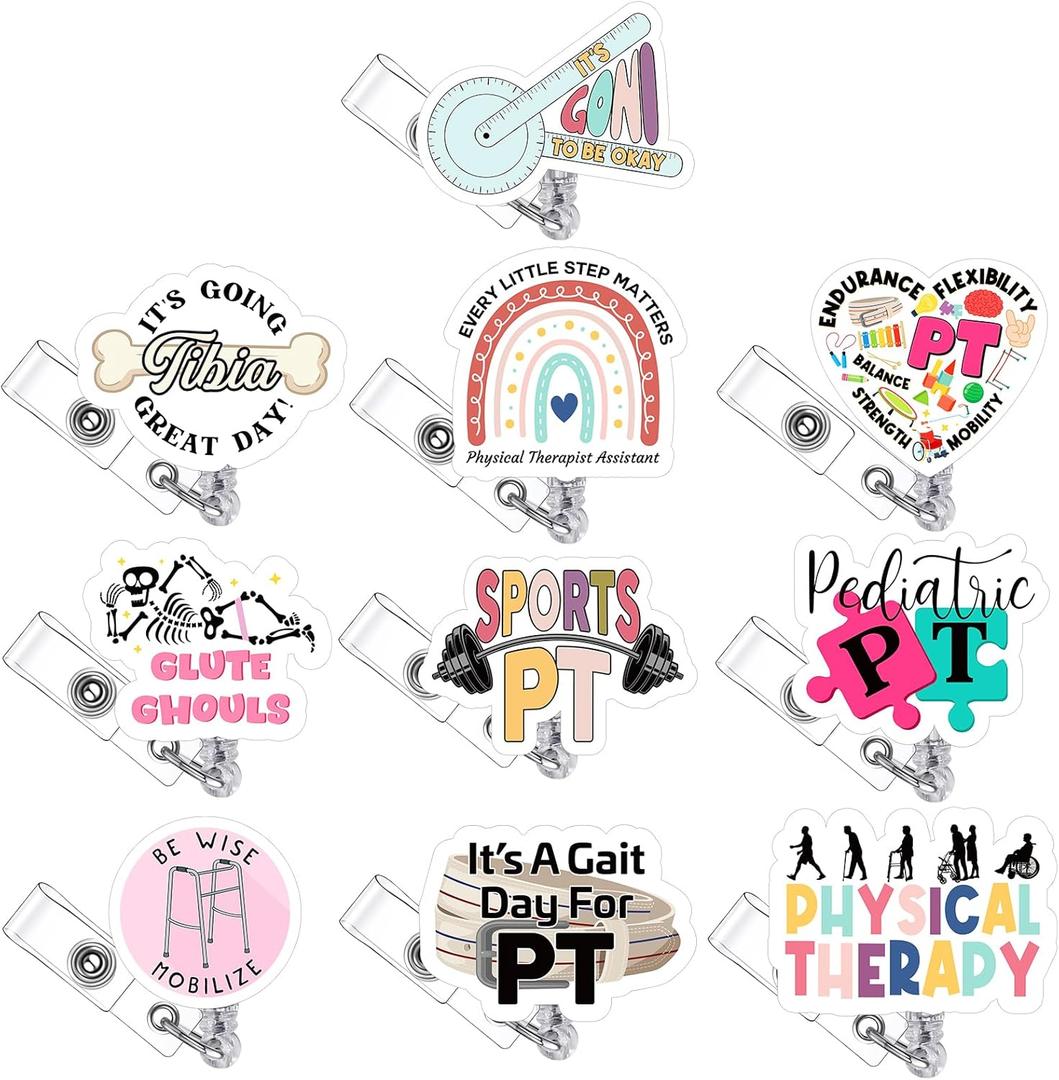Landical 10 Pcs Physical Therapy Badge Reel Funny PT Badge Clip Holder Retractable Name Card Holder Physical Therapist PTA Gifts Physiotherapy Mobility Badge Reel for Medical Md Rn Nurse Office