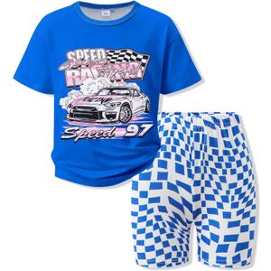 Girls Summer Clothes 2 Piece Outfits 3D Car Print Short T-Shirt and Plaid Pattern Shorts Clothing Set 5-12Y (Blue)