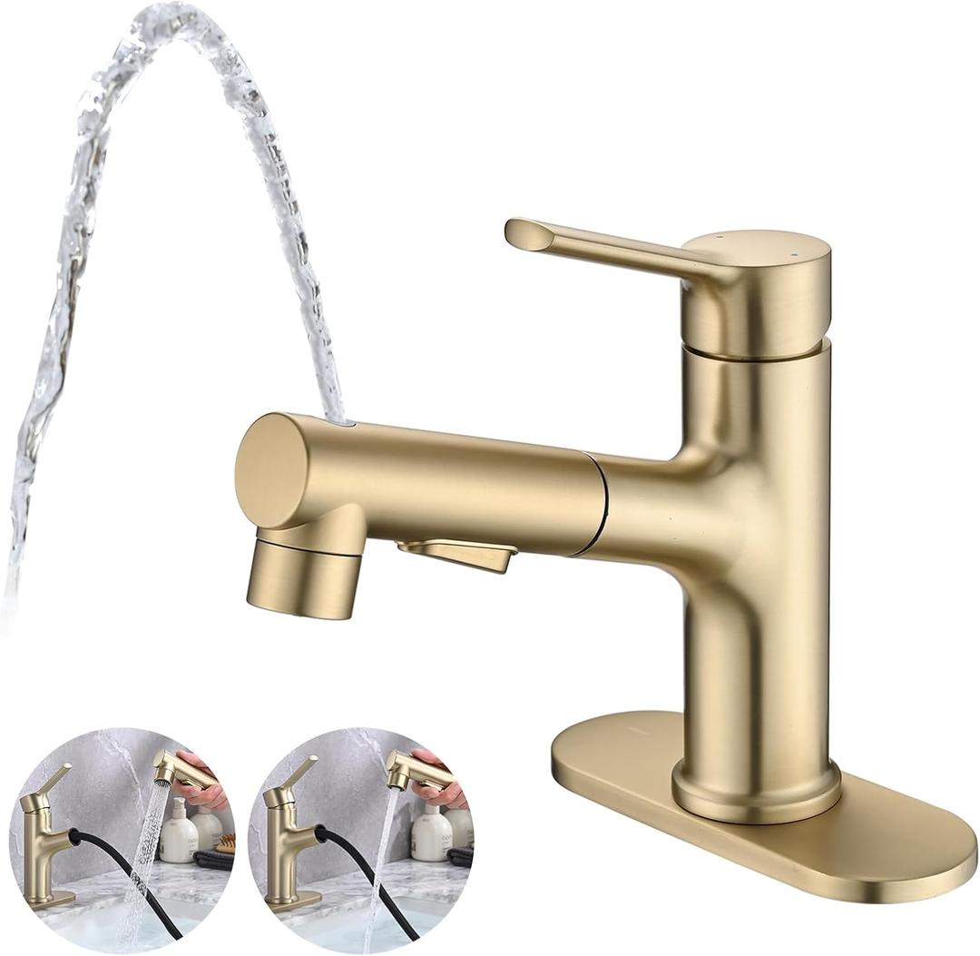 Bathroom Sink Faucet with Pull Out Sprayer, Single Handle Modern Bathroom Basin Faucet with Pop-up Sink Drain Stopper & Deck Plate 1 or 4-inch Centerset 3 Hole, Gold