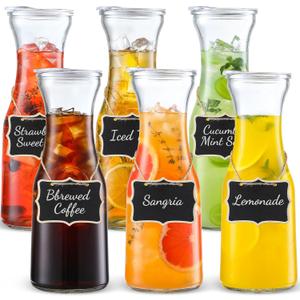 Set of 6 Glass Carafe with Lid, 1 Liter Beverage Serveware Carafe, Clear Glass Pitcher for Mimosa Bar, Brunch, Cold Water, Juice, Milk, Iced Tea, Lemonade 
