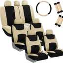 FH Group Light & Breezy Cloth Car Seat Covers, 7 Seater Three Row Set- Airbag & Split Ready -Universal for Cars Trucks and SUVs Beige/Black