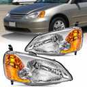 JSBOYAT Headlight Assembly Pair for 2001 2002 2003 Honda Civic 2/4 Door Headlamp Replacement (Chrome Housing & Amber Reflector)