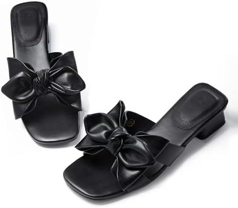 Womens Bow Dressy Low Heel Sandals Slides Summer Chunky Block Heeled Open Toe Mules Slip on Slippers Shoes Size 11