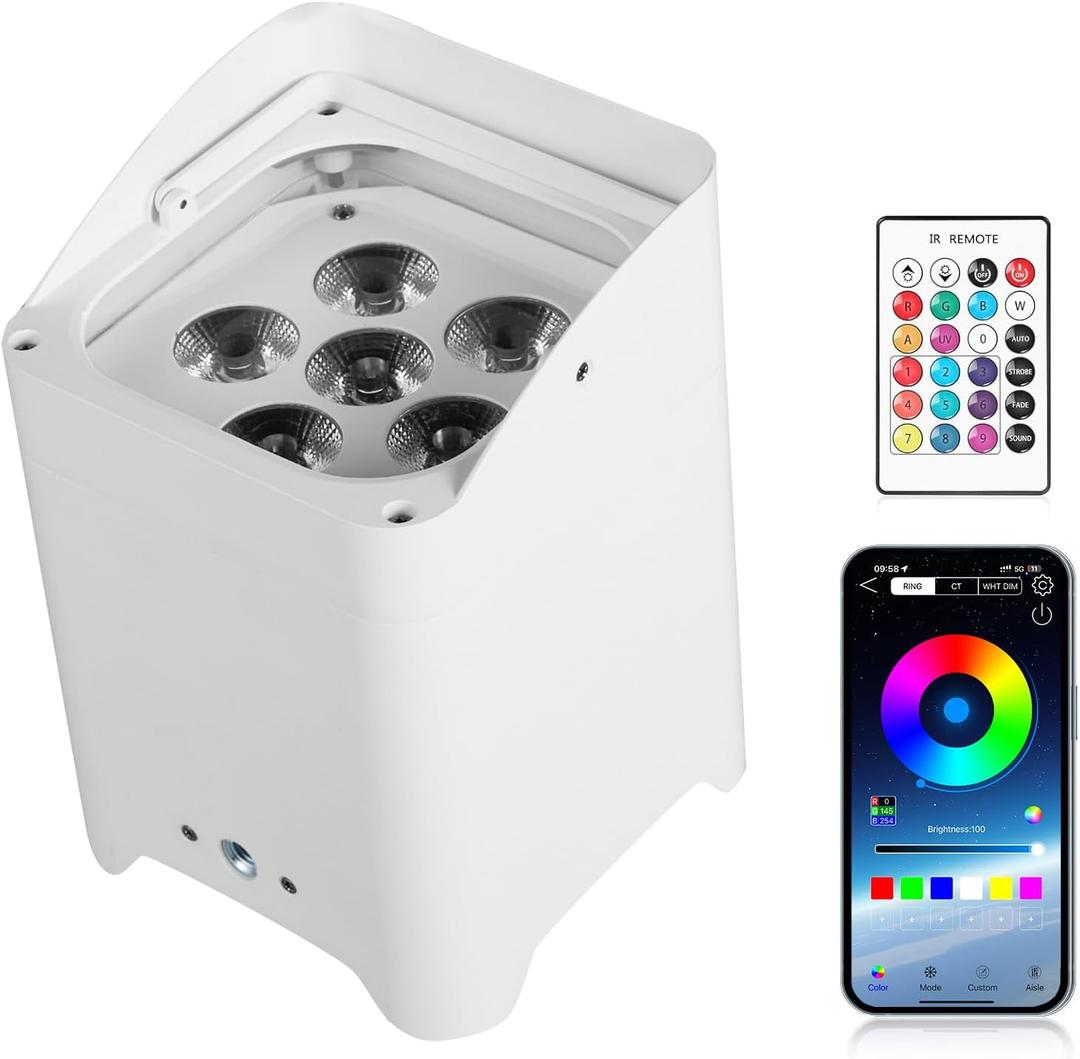 Battery Powered Uplights Rechargeable Stage Lights 9600mAh Par Can Light 6x18W RGBWA+UV Wireless with APP Remote Control DMX 512 Sound Activated, Uplighting for Events DJ Party Wedding (White)