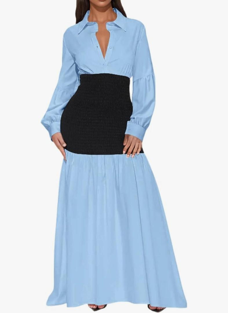 Women's Casual Puff Long Sleeve Button Down Loose Cotton Maxi Shirt Dress (Blue, XL)