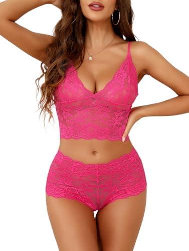Lilosy Sexy Sheer Floral Lace Pajamas Lingerie Set High Waist Sleepwear Bra and Panty 2 Piece Nightwear, XL