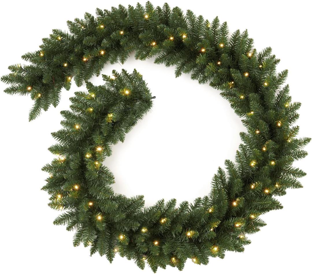 9FT Pre-Lit Artificial Christmas Garland with 50 White Light, Pulg in, Holiday Decorations Garland, Mantle for Indoor Holiday Door Home Decorations Stairs Fireplaces Wall