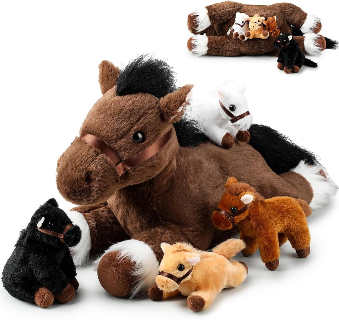 Lenwen 5 Pcs Horse Stuffed Animals 18 Inches Large Mommy Horse Plush with 4 Babies in Zippered Belly Nurturing Plushie Toy Set Gifts for Boys Girls Birthday Gift Derby Party Favors(Adorable)