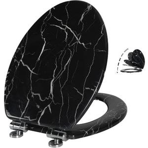 Angel Shield Marble Toilet Seat Durable Molded Wood with Quiet Close,Easy CleanQuick-Release Hinges (Elongated,Black Marble)