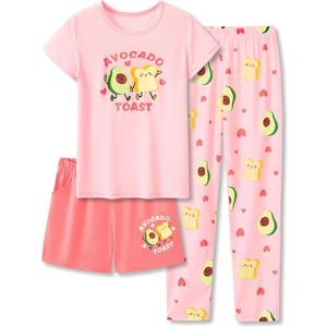Tebbis Trendy Pink Avocado Cute Pajamas for Girls 3 Pieces Soft Tee Shorts & Pants PJ Comfy Jammies Set Size 6