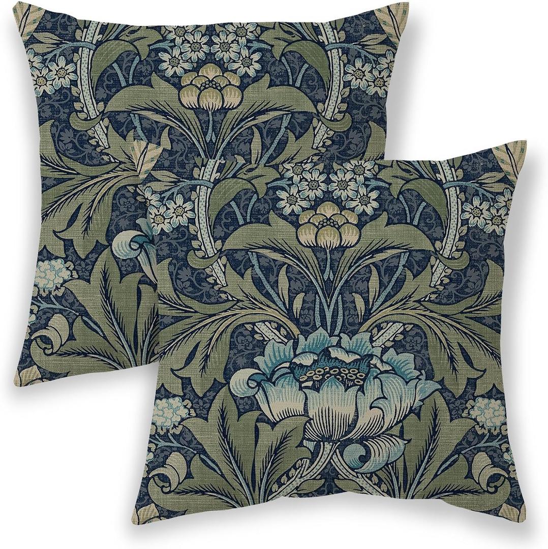 BETGINY Vintage Floral Boho Pillow Covers 20x20 Inch 2 Pcs, Navy Blue Green William Morris Flower Decorative Throw Pillows,Rustic Botanical Outdoor Decor Pillowcase Linen Cushion Cover for Couch Sofa