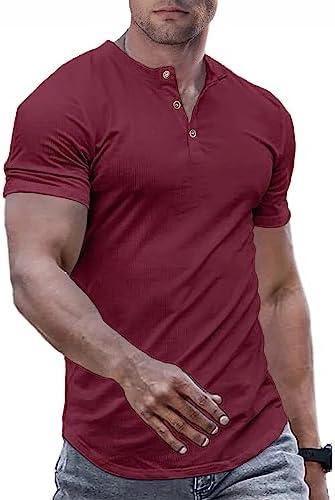 JMIERR Mens Muscle Slim Fit Button Henley Shirts Summer Crewneck Short Sleeve Longline Fitted T-Shirt Gym Workout Athletic Tees Shirt for Men, Large, Red