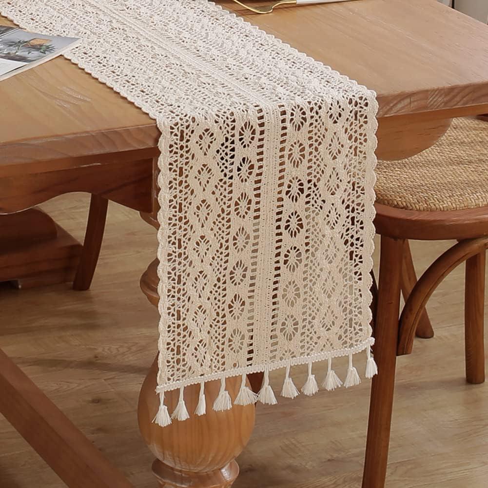 meioro Crochet Lace Table Runner, 12x56 Inch Boho Cotton Table Runners with Tassels, Rustic Farmhouse Table Decoration 56 Inches Long, Mesh Woven Table Decor for Bridal Shower Party Wedding (12"W X 56"L)