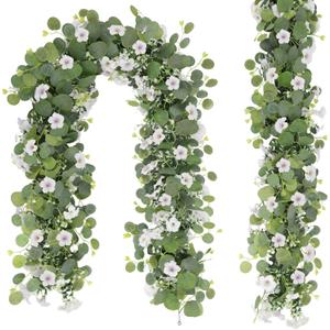 Artificial Eucalyptus Garland with Morning Glory Flowers, 2 Pack Faux Eucalyptus Leaves Greenery Garland Hanging Vines for Wedding Party Backdrop Mantle Table Arch Wall Decor, 6 FT Indoor Outdoor