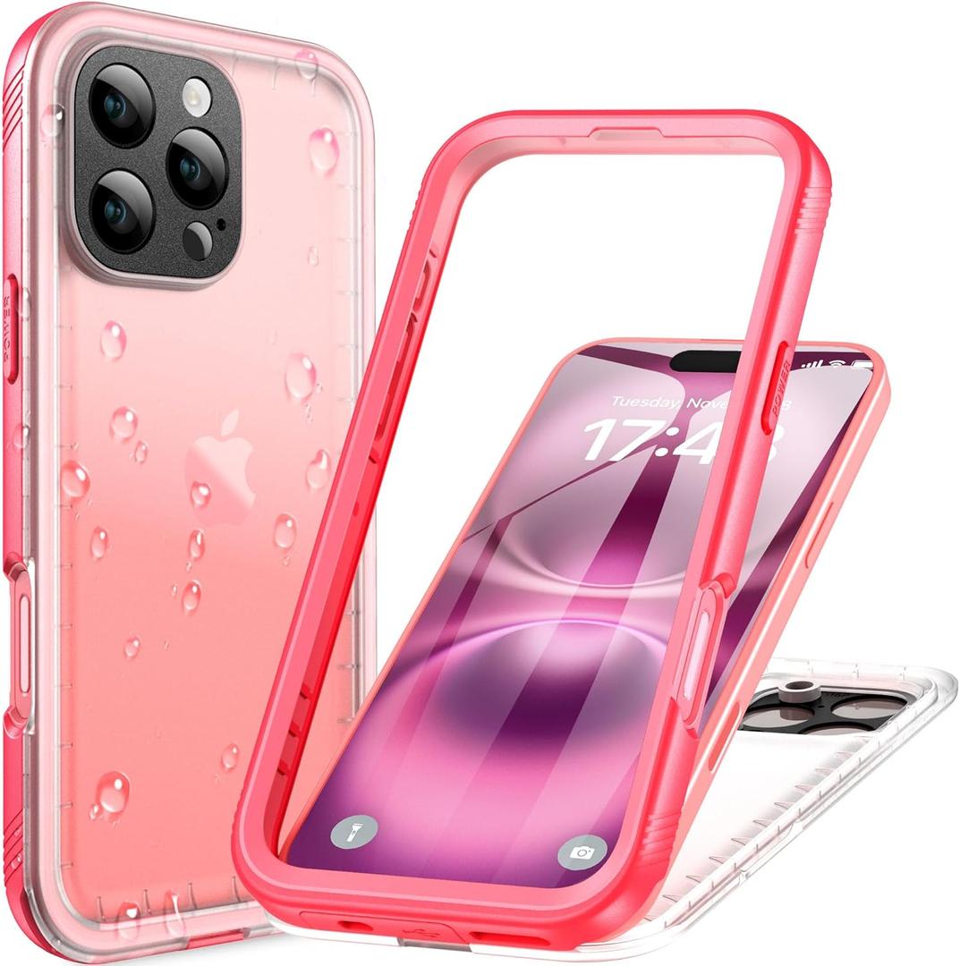 Cozycase for iPhone 16 Pro Max Case Waterproof - 360 Heavy Duty with Screen/Camera Protector Shockproof IP68 Underwater Dustproof Water Shock Proof Full Body/Front and Back Case Pink/Frosted Clear