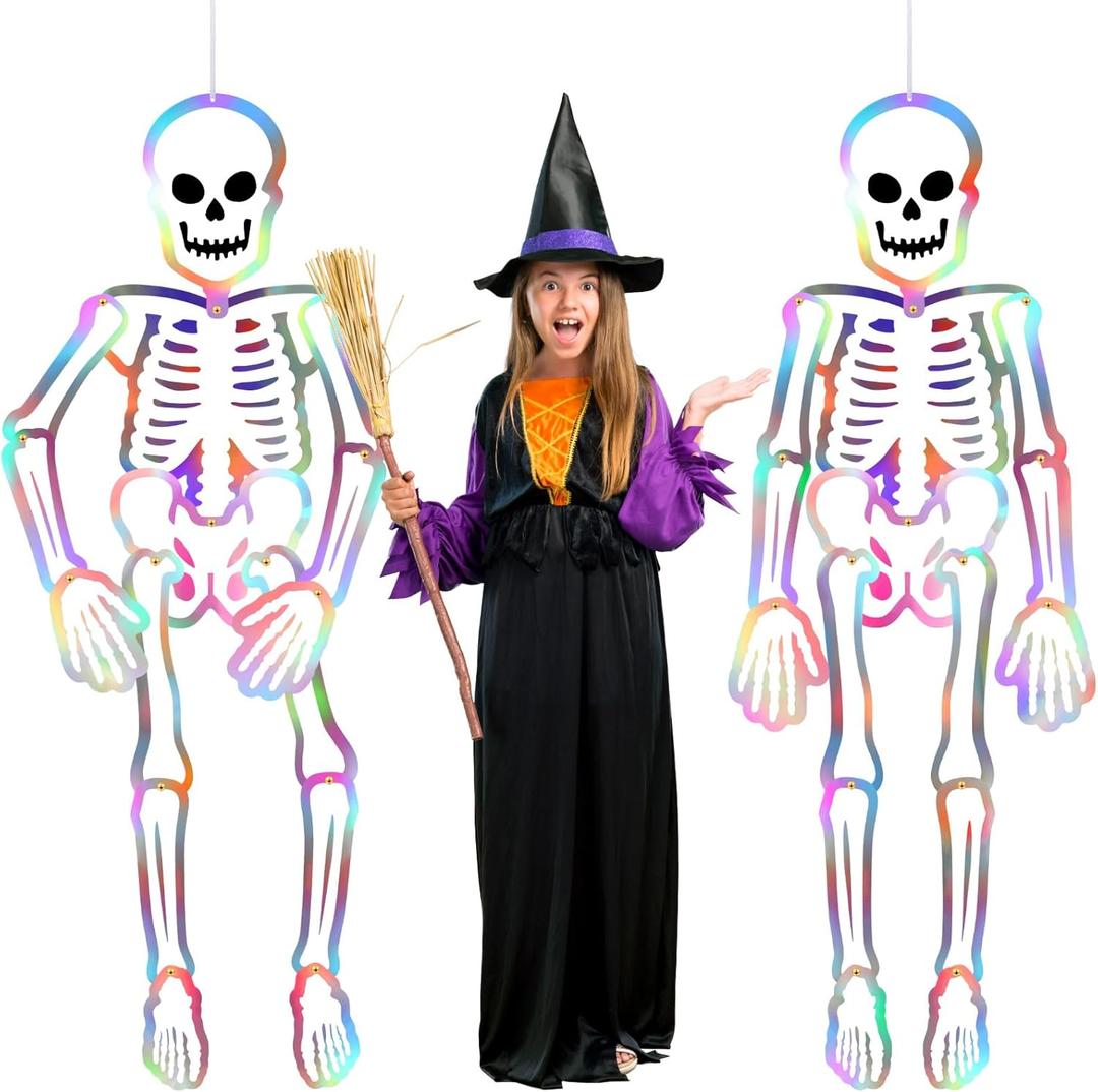 Hiboom 2 Pcs Large Halloween Jointed Skeletons 59 Inch Skeleton Cardboard Decoration Hanging Halloween Decorations Cutout Vintage Skull Holographic Paper Decor for Wall Window Door Hanging Decor