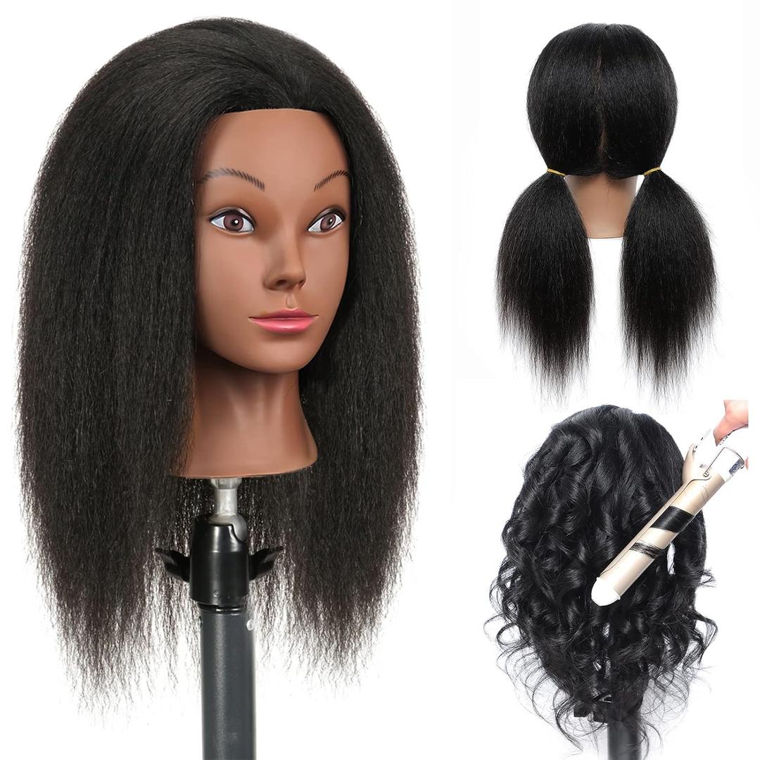 Mannequin Head with Hair 14"Manikin Head 100% Real Hair Mannequin Head Human Hair Trainning Head Doll Head Doll Head for Practice Styling with Free Clamp Holder (B14)