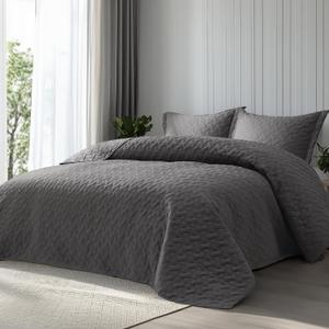 Bedsure Quilts King Size - Grey Bedspreads King Size with Basket Weave Pattern, Soft Quilt Bedding Set, Lightweight Comforter Set Coverlet for All Seasons with 2 Pillow Shams (106" x 96") | Skin-Friendly Soft, All-Season Comfort, Breathable, Lightweight, Machine Washable