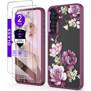 for Samsung Galaxy S25 FE 5G Case+Tempered Glass Screen Protector,Military Grade Protective Slim Soft TPU Hard PC,Girls Women Crystal Clear Flower Pattern Case Cover for Galaxy S25 FE-Purple