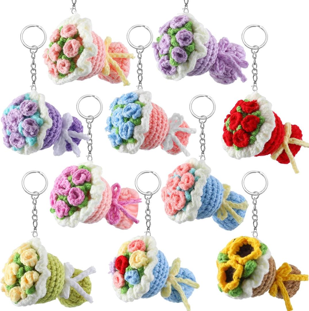 10 Pcs Crochet Flower Bouquet Keychain Handmade Crochet Key Chain Bag Charm Phone Handbag Pendant Mother's Day Valentine's Day Birthday Gifts for Women Mom Wife