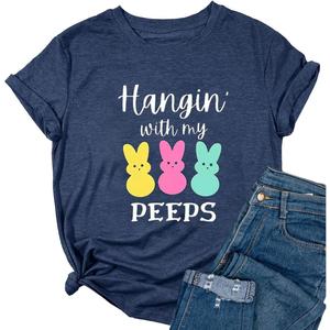 Ykomow Happy Easter Shirts for Women Hangin with My Peeps T Shirt Cute Easter Bunny Outfit Tees (Large, Navy)