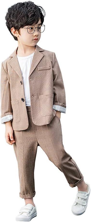 Boys Plaid Blazer Pants Set Casual Suit Classic Kids 2 Piece Sport Coats Outfits (5-6, Khaki)
