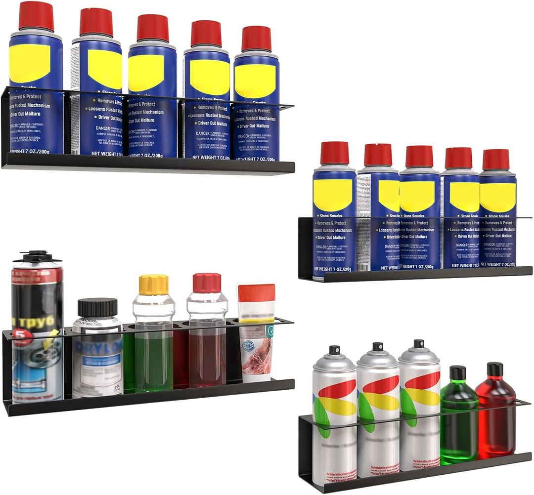 4 Pack Wall-Mounted Spray Bottle Holder, Aerosol Spray Can Holder Storage Rack, Heavy-Duty Paint Bottle Organizer With 20 Holes, Steel Black Spray Rack for Garage, Shop, Home or Tool Trailer