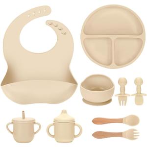 Silicone Baby Feeding Set 9 Pcs, Spill-Proof Suction Plate, Bowl, Bib, Silicone spoon & forks, Wooden Spoons & forks, Training cup with straw and Sippy Cup, Baby Eating Utensils (Beige)