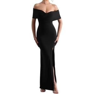 LAGSHIAN Women's Elegant Bodycon Off Shoulder Ruched Split Hem Long Formal Basic Evening Dress (Medium, Black)
