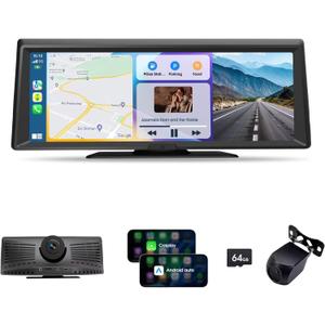 Wireless Portable CarPlay Screen8.1" Portable Touchscreen Car Stereo with 2K Dash Cam/Carplay & Android Auto1080P Backup CameraGPS NavigationVoice ControlLoop Recording,Mirror Link