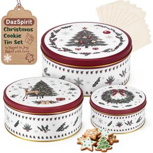3 Pack Christmas Cookie Tins with 10 Baking Papers, Reusable Nesting Round Metal Cookie Containers with Airtight Lids for Treat Storage & Holiday Gift Giving (Large, Medium, Small)