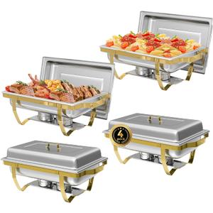 Chafing Dish Buffet Sets of 4, 8QT Stainless Steel Rectangular Chafers and Buffet Warmer Sets for Catering, with Food & Water Pan, Lid, Gold Foldable Frame, Fuel Holder for Event Party Holiday