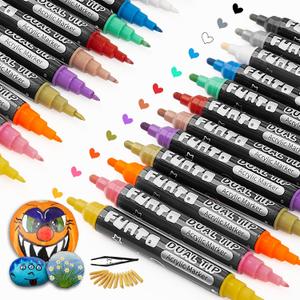 Funto Dual Tip Acrylic Paint Markers, Paint Pens for Rock Painting, Wood, Canvas, Ceramic, Fabric, 12 Colors, Quick Drying, Non-Toxic, Arts and Crafts