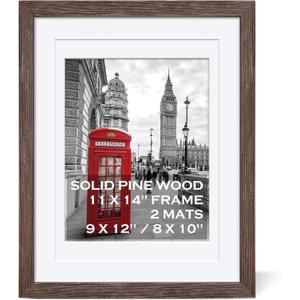 11x14 Rustic Picture Frames Solid Wood Distressed Brown Display Picture 9x12 or 8x10 with Mat or 11x14 Frame without Mat - Farmhouse Wooden Photo Frame 11x14 with 2 Mats for Wall Mounting or Table Top (Dark Walnut Moulding)