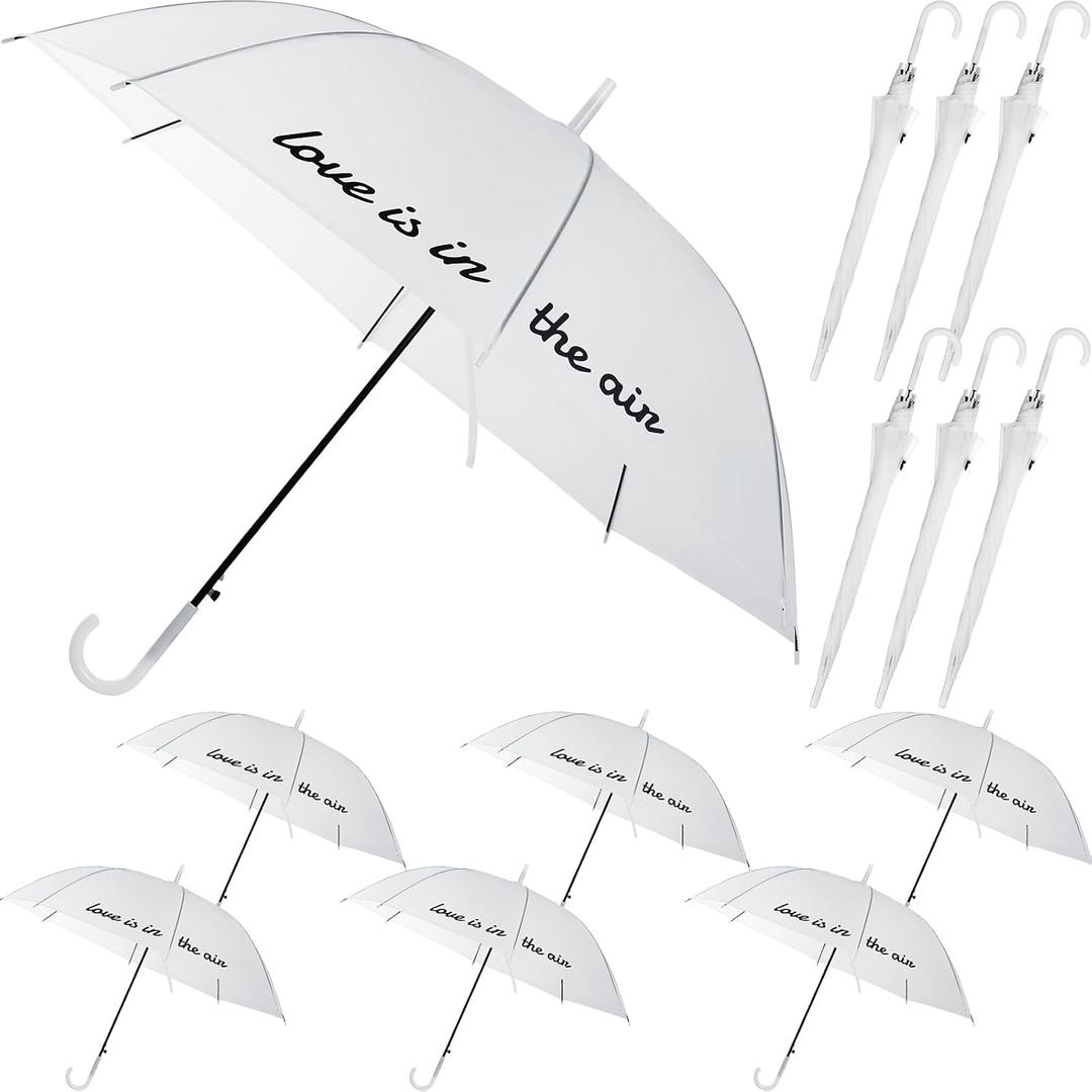 6 Pcs Frosted White Rain Umbrella Love Is in the Air Translucent Wedding Windproof Cute Umbrella with J Hook Handle for Bride Groom Wedding Party Prom Bridal Shower Gift Decor