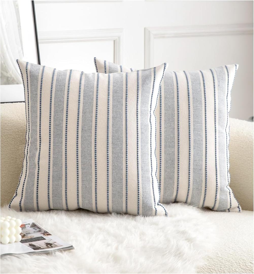 Decorative Boho Throw Pillow Covers, Farmhouse Textured Pillow Case, 20 x 20 Inch Set of 2, Chair Sofa Bedroom Living Room Home Decor Couch Cushion Case, Classic Blue and Beige Striped (20" x 20" (Pack of 2), Classic Blue)