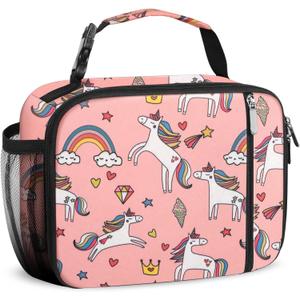 2 x esouler Lunch Box Kids Insulated Lunch Bag for Boys & Girls Durable Children Lunchbox for School with Water Bottle Holder-Pink Unicorn
