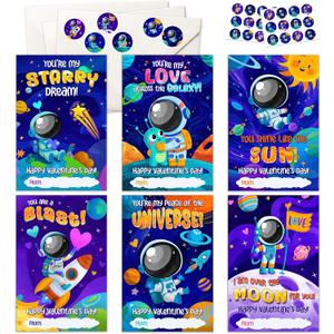 4 x Space Valentines Day Cards - 36 Packs Space Astronaut Galaxy Planet Rocketship Exchange Cards for Kids, Boys, School, Class, Party Favors - 3.2''x 4.7'' 6 Designs with Envelopes, Stickers