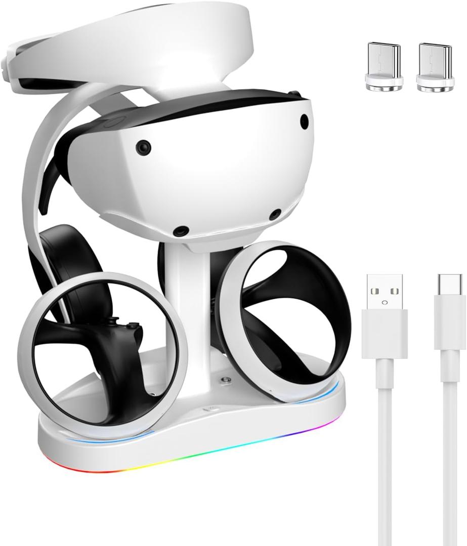 Charging Station for PSVR 2, Vertical PlayStation VR2 Headset Display Stand, Dual PSVR2 Controller Charging Dock with LED Indicator, 9 RGB Light Modes (White)