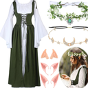 Bonuci Renaissance Fairy Costume Women Medieval Dress with Elf Ears Moon Head Chain Flower Crown for 1700s Victorian Cosplay, 2XL-3XL